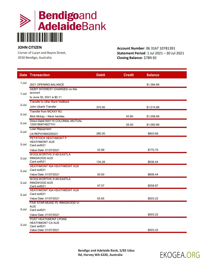 Australie Bendigo et Adelaide Bank relevé bancaire xls